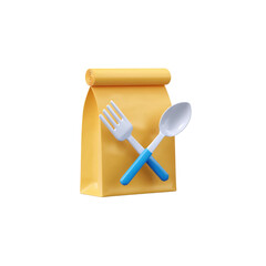 Yellow paper bag with a rolled-up top is accompanied by a white spoon and fork crossed over it