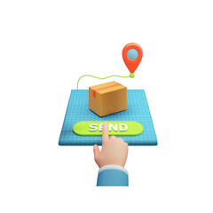 A hand presses the “Send” button, a cardboard box and a map marker, the concept of product delivery