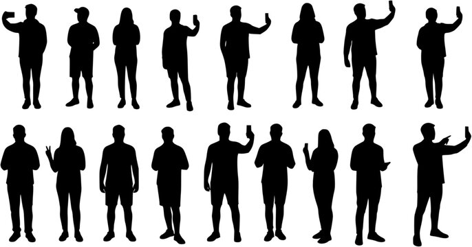 Collection of silhouette people taking selfie in different poses vector set.
 - Powered by Adobe