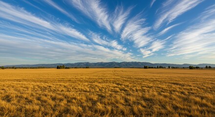 Obraz premium A golden field stretches under a vibrant blue sky with wispy, feathery clouds, and distant mountains on the horizon.