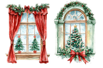 Christmas Window Decorations with Christmas Trees and Red Curtains isolated on transparent white background, clipping path