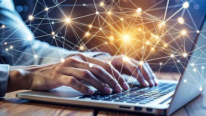 Hands type on a laptop with a digital network overlay