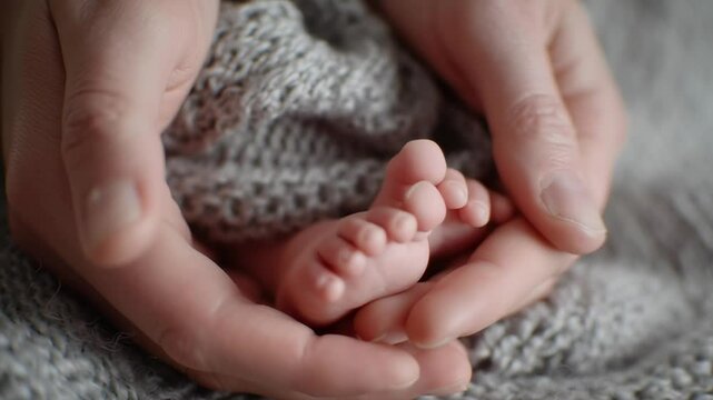 A baby's feet are being held in a person's hands. The baby is small and fragile, and the person is trying to protect it. Concept of tenderness and care