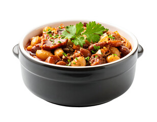 Hearty bean and meat stew served in a rustic ceramic bowl, garnished with fresh green parsley.