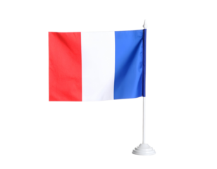 A vibrant vertically striped red white and blue banner stands upright on a sleek display base.