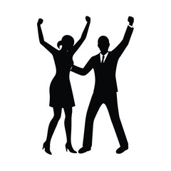 Black silhouette of a man and woman celebrating with arms raised
