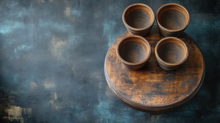 Vintage Ceramic Bowls on Rustic Wooden Tray with Teal Textured Backdrop for Kitchen & Dining Styling