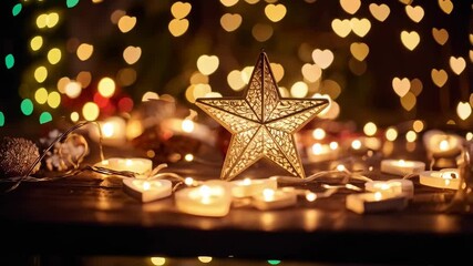 Festive star ornament with delicate filigree on wooden surface surrounded by heart shaped tea lights and bokeh lights in warm light. - Powered by Adobe
