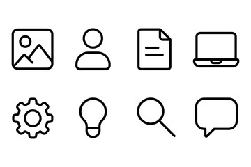 Essential digital icons set featuring image, user, document, and laptop in minimalist line style, vector illustration
