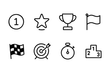 Sports achievement icons: trophy, target, stopwatch, podium, vector illustration