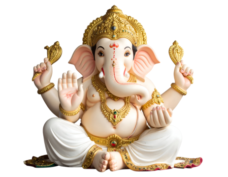 Majestic elephant-headed deity statue, richly adorned, embodying spiritual grace and cultural heritage. - Powered by Adobe