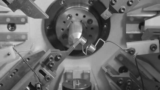 Automatic machine bends and cuts steel wire springs, industrial conveyor metal concept