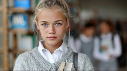 A young girl is standing in the library, holding books and looking at the camera with a sad expression on her face.