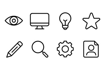 Minimalist icon set with eye, computer monitor, lightbulb, and more, vector illustration