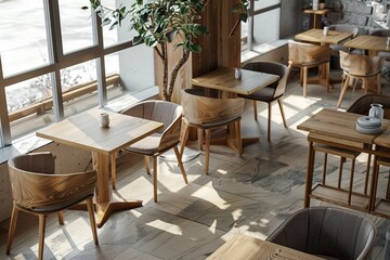 Vibrant Picture of Modern Cafe Interior with Wood Tables and Chair 7