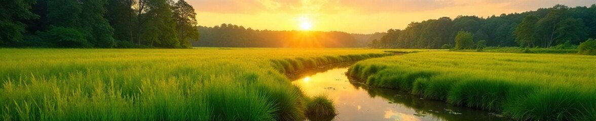 Serene Golden Hour Landscape Calm River Winding Through Lush Green Field