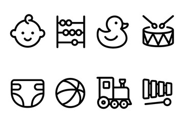 Cute baby toys and essentials line art vector illustration
