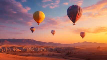 Obraz premium Majestic Sunset Over Cappadocia with Multiple Colorful Hot Air Balloons Floating Serene