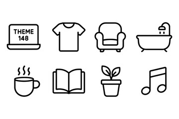 Everyday essentials outline icons: technology, clothing, furniture, and hobbies, vector illustration
