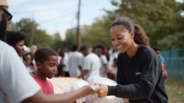 Happy volunteer distributing aid to a community. Warm, authentic shot of giving back. Ideal for charity, social work, and outreach concepts.