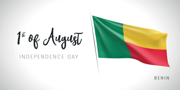 Benin independence day vector banner, greeting card. Benini wavy flag in 1st of August patriotic holiday horizontal design with realistic flag