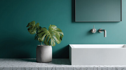 Serene bathroom interior featuring a monstera plant, sleek sink, and minimalist design against a teal wall. Evokes calm, hygiene, and sophisticated style.