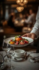 A waiter holding a plate of tomato salad in a restaurant with wine glasses and a blurred background