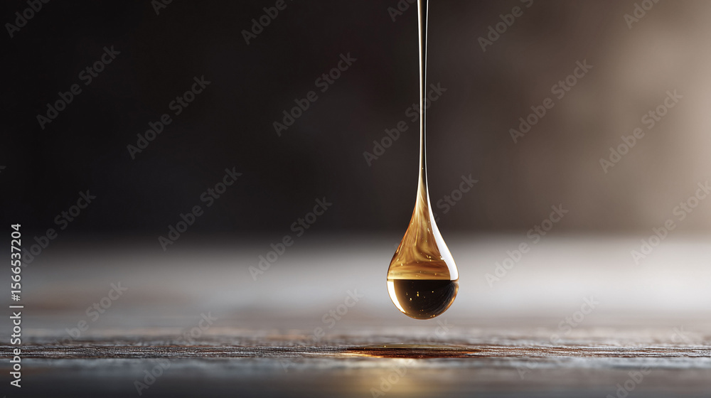 Poster golden drop falling. elegant shot with detailed texture and reflections, ideal for conceptual projec