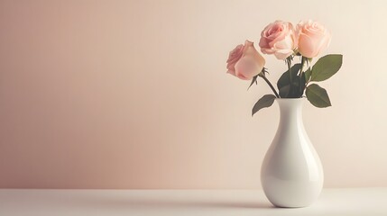 Three Delicate Pink Roses Elegantly Displayed in a Minimalist White Vase Against a Soft Background