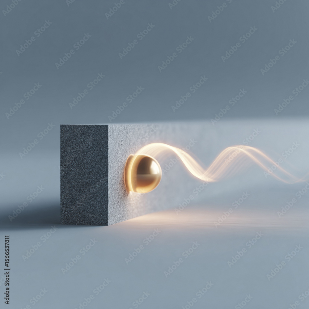 Aufkleber minimalist abstract image showing a golden orb emitting a glowing trail, set against a simple geomet