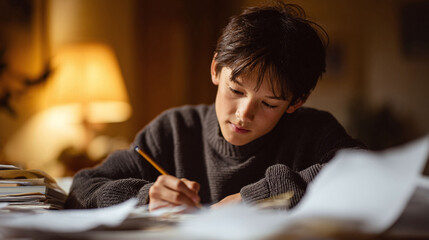Focused young boy studying, writing with a pencil in warm, cozy light. Concept of education, diligence, homework. Use for backtoschool, learning themes.