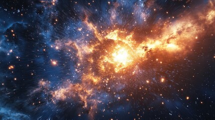 Fiery cosmic explosion in nebula, bright stars and gas clouds.
