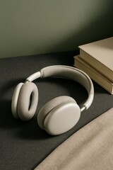 A sleek pair of headphones resting on a modern desk. There are a pair of books beside them, creating a comfortable atmosphere