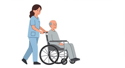 Illustration of a nurse pushing an elderly man in a wheelchair on a white background
