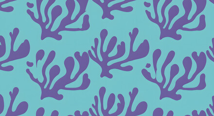 Naklejka premium Seaweed Pattern: An illustration featuring a seamless pattern of stylized seaweed in shades of purple and teal on a light teal background. The design is reminiscent of underwater flora.