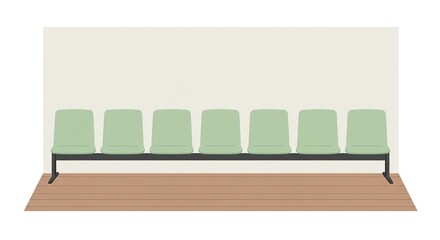 Illustration of a row of green chairs in a waiting room with a wooden floor