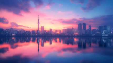 Fototapeta premium Vibrant Minimalist Cityscape at Dusk with Glowing Lights and Reflecting Water