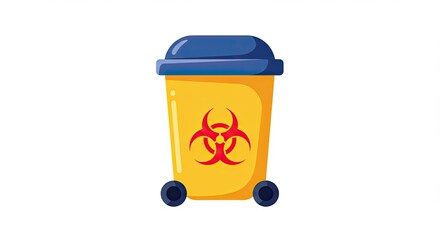 Illustration of a yellow biohazard waste container with red biohazard symbol on white