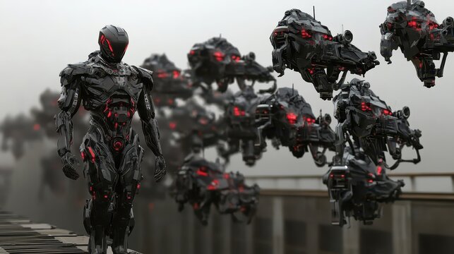 Futuristic Robot and Drones in a Sci-Fi Urban Landscape