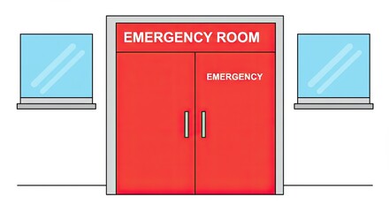 Illustration of an Emergency Room Entrance with Red Doors and Windows on a White Background