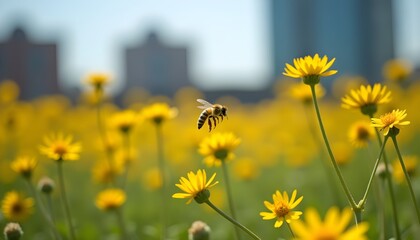 A bee flying over a field of yellow flowers with a blurred cityscape in the background