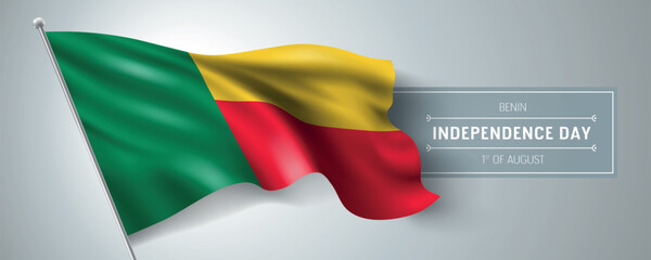Benin happy independence day greeting card, banner vector illustration. Benini national holiday 1st of August design element with realistic flag