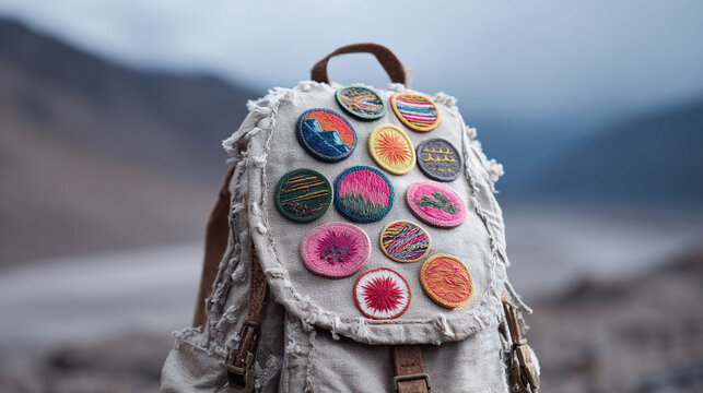 Worn backpack adorned with nature patches. Represents travel, adventure, personalization, and memories. Ideal for lifestyle, outdoors, or creative projects.