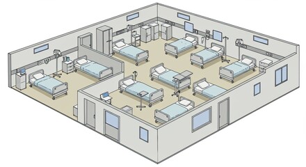 Isometric illustration of a hospital room with beds, equipment, and medical devices.