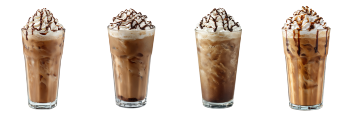 A Set of Four delicious iced coffee drinks topped with whipped cream and chocolate drizzle, perfect for warm days or a refreshing treat, Isolated on transparent Background.