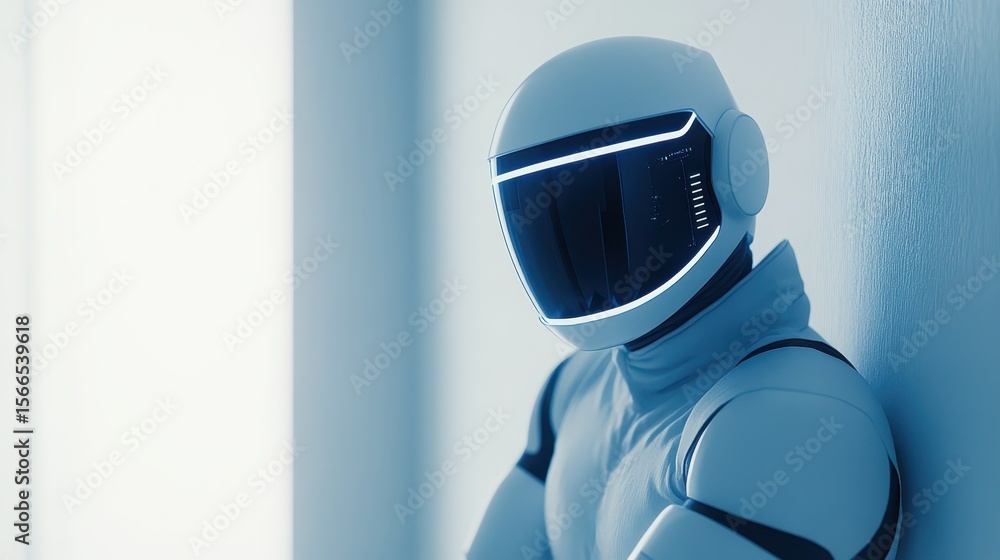 Poster futuristic robot in sleek design with illuminated visor and modern aesthetic