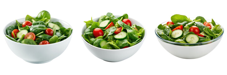 A Set of Fresh and vibrant salads in white bowls, featuring spinach, cherry tomatoes, and cucumbers, perfect for healthy eating, Isolated on transparent Background.