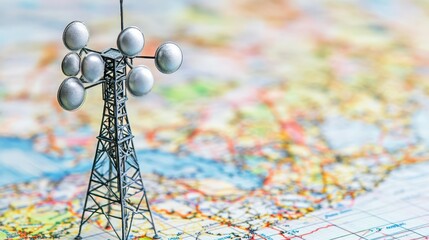 Model Communication Tower on Map Background for Connectivity Concept