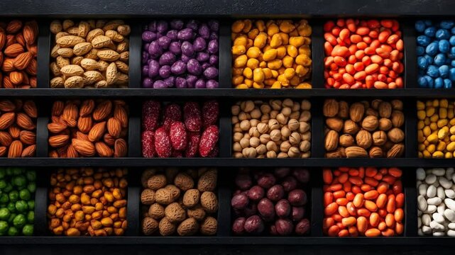 Colorful assortment of nuts and seeds in a black wooden tray.  Rows of various nuts and seeds, vibrantly colored, displayed in compartments