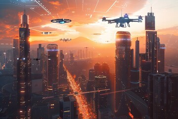 Detailed Picture of Futuristic Cityscape with Illuminated Skyscrapers and Drones